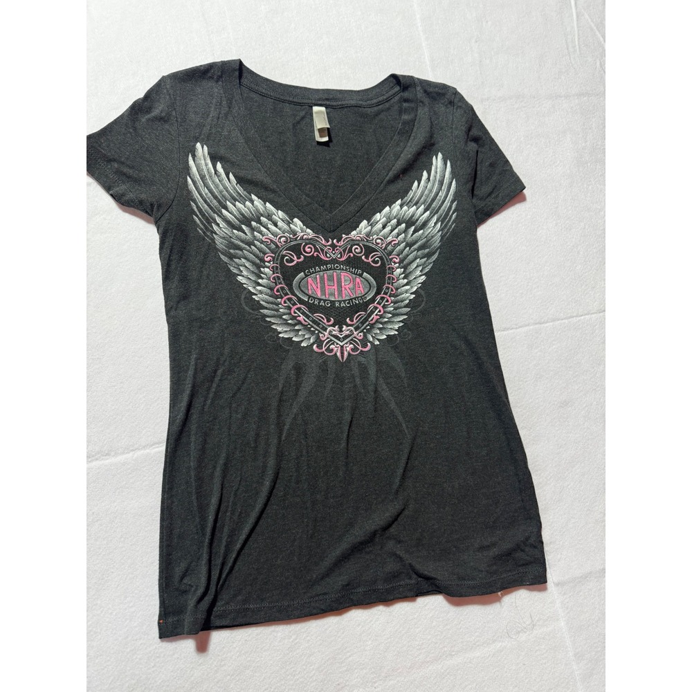 NHRA Drag Racing Winged Heart Graphic V-Neck T-Shirt Womens Large Charcoal Grey